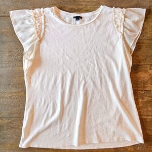 Ann Taylor Off White Slightly Shimmering Cap Sleeve Crew Neck Top Size Large EUC